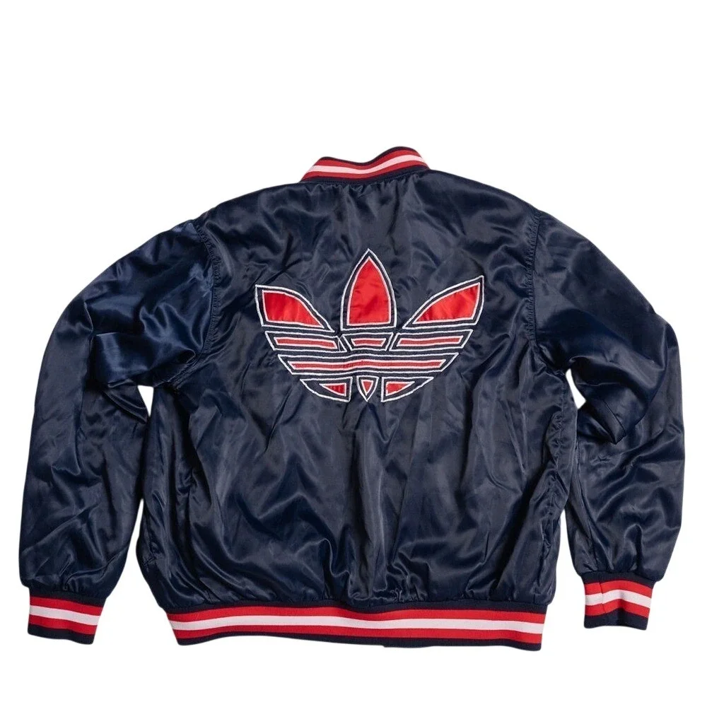 Rare Vintage 1980s Adidas Trefoil Satin Bomber Jacket – Navy/Red‎ – Men's L, EUC